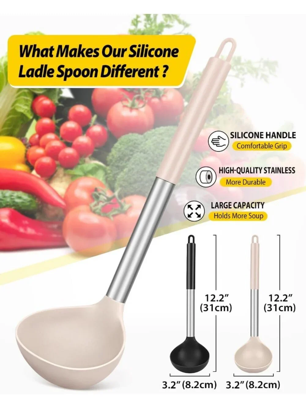 Set of 2 Silicone Ladle Spoons - Non-Stick, Heat Resistant Kitchen Utensils for
